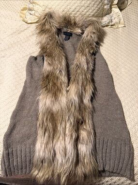 Steve Madden Taupe Knit Vest with Faux Fur Trim Hood